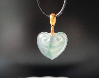 Jade Pendant 18K solid gold bail- Authentic Burmese Type A Jadeite Translucent Icy Green with Floated floral  Icy Jade Pendant Ruyi Heart
