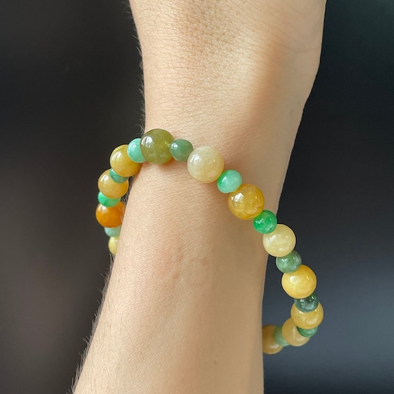 Jadeite Bead Bracelet 7mm Natural Myanmar Jade Authentic Translucent Yellow and Green Burmese Jade Beads