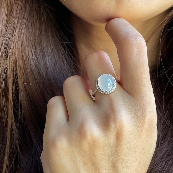 Jade Ring High Translucent Natural Icy Jadeite Adjustable Silver Ring - Type A Icy White Fine Jadeite Cabochon with 925 Silver and zircon