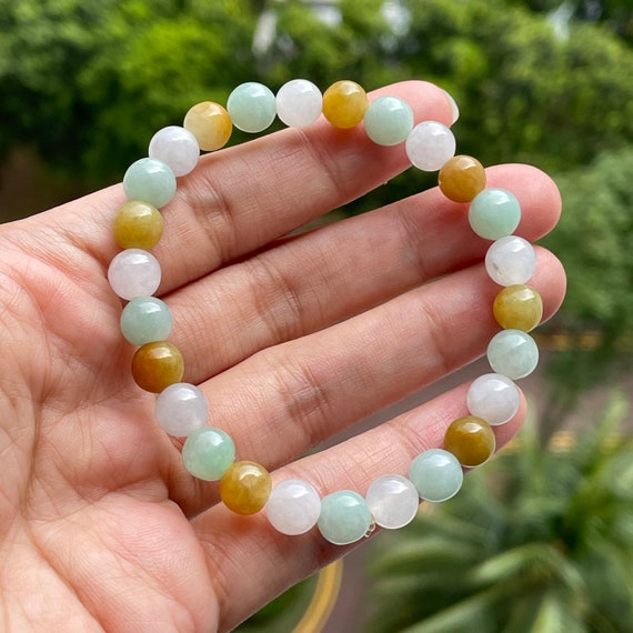 Natural Jade Bead Bracelet 7mm bead - Myanmar Jadeite Authentic Tricolor Translucent Green, Brown and White multicolor Jade Bracelet