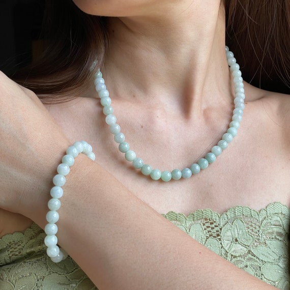 Mother's Day Gift Set JG Signature Jade Set- Jade Bead Necklace Bracelet Set - Genuine Myanmar Jadeite Natural Jade Grade A 7mm Jade Beads