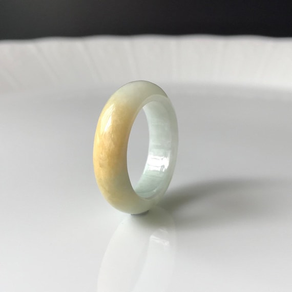 US7.25 Jadeite Ring Translucent Milky White with Yellow - MYANMAR Jadeite Natural Jade Type A band ring