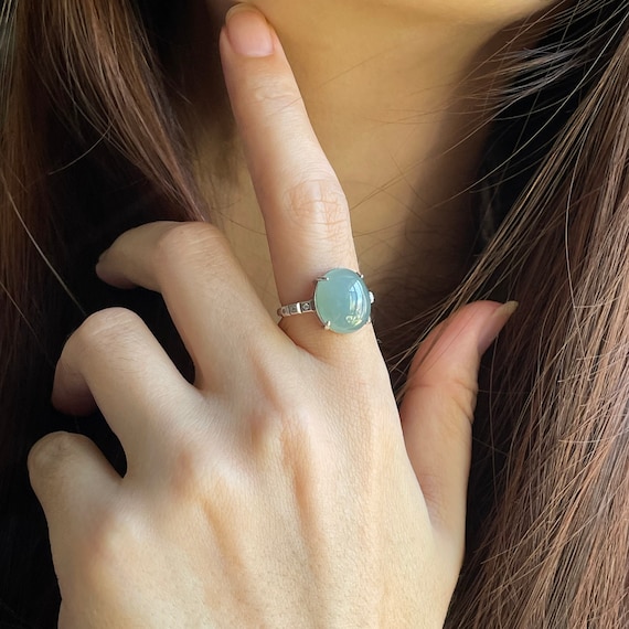 Turkish Blue Jadeite Ring Adjustable Size - Natural Type A (Grade A) untreated Jadeite Cabochon setting 925 Silver zirconia ring