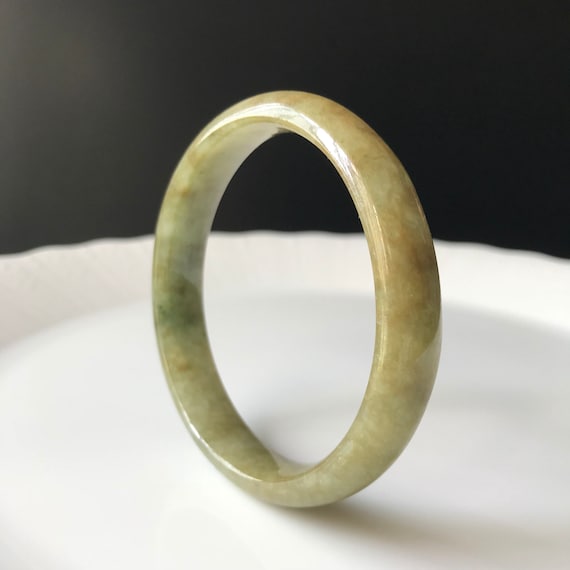Jadeite Bangle 56.5mm -  Natural Type A Burmese Jadeite Yellow Brown KIWI skin Rare color Translucent Jade Bangle