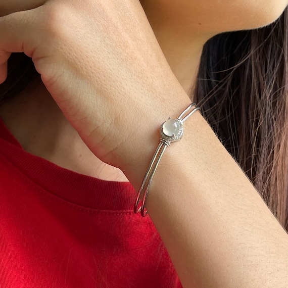 Jadeite Cabochon Bangle  - Natural Type A Icy Translucent Colorless Jade Cabochon 925 Silver Cuff  Bangle Cuff Bracelet Jade Bracelet