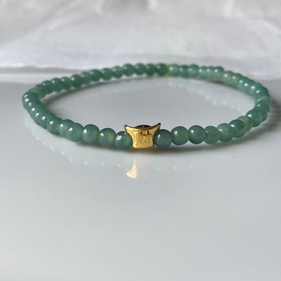 Custom Size Jade Bead Bracelet 4mm Natural Jade Authentic Burmese Jade Bracelet with 999 Gold Ingot
