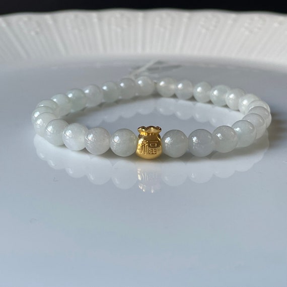 Jade Bead Bracelet 7mm Natural Jade Authentic Translucent Burmese Jade Beads Bracelet with 24K Golden Money Bag