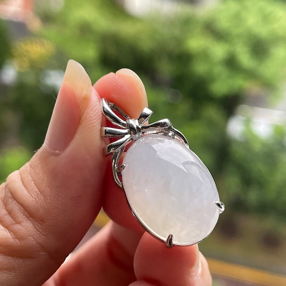 Big Icy White Oval Jade Pendant - Authentic Natural Type A Burmese Jadeite Jade 925 Silver Pendant