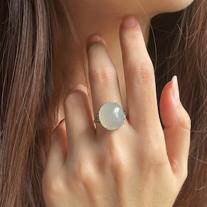 Big Jade Ring Haze Translucent Fine textured Natural Jadeite Adjustable Silver Ring - Grade A Icy White Fine Jadeite Cabochon Ring Jade Ring