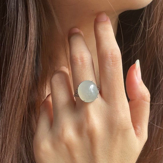 Big Jade Ring Haze Translucent Fine textured Natural Jadeite Adjustable Silver Ring - Grade A Icy White Fine Jadeite Cabochon Ring Jade Ring
