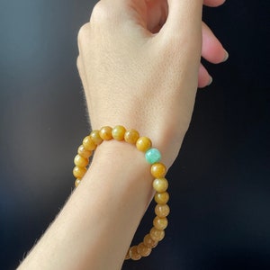 6-7mm Jade Bead Bracelet/ Natural Burmese Jadeite Jade Type A Honey Golden Brown with Central Green Beads