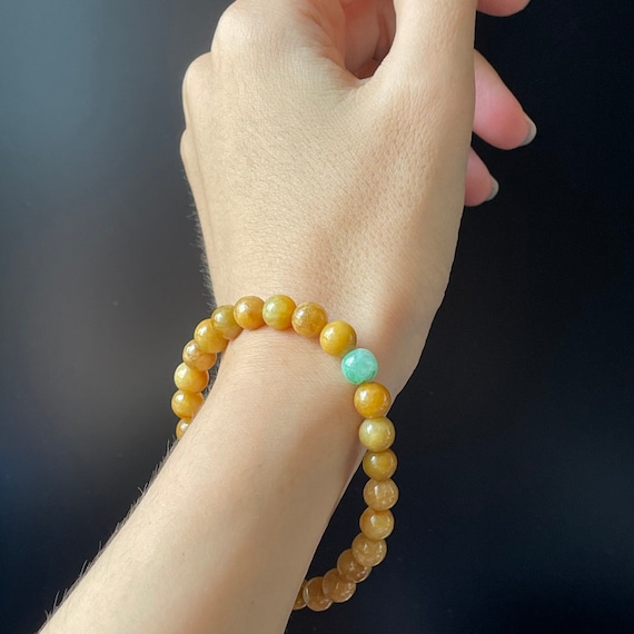 6-7mm Jade Bead Bracelet/ Natural Burmese Jadeite Jade Type A Honey Golden Brown with Central Green Beads