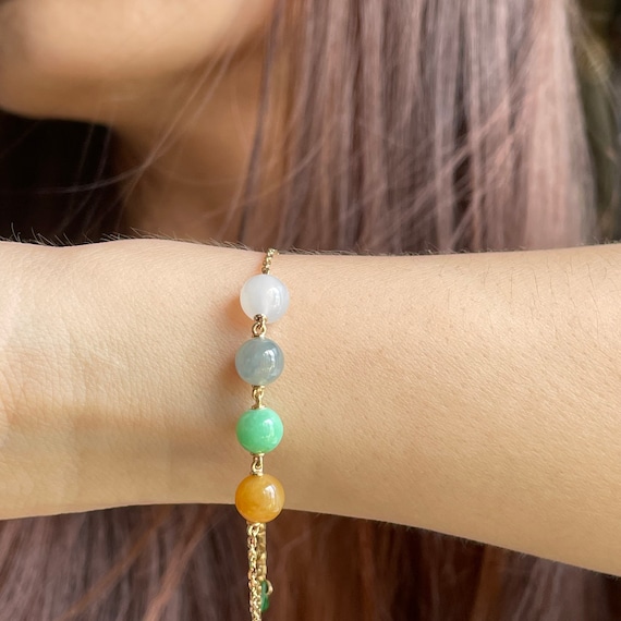Translucent Natural Multi Color Beads Bracelet 18K Solid Yellow Gold Chain - Myanmar (Burma) Authentic Jadeite Jewelry