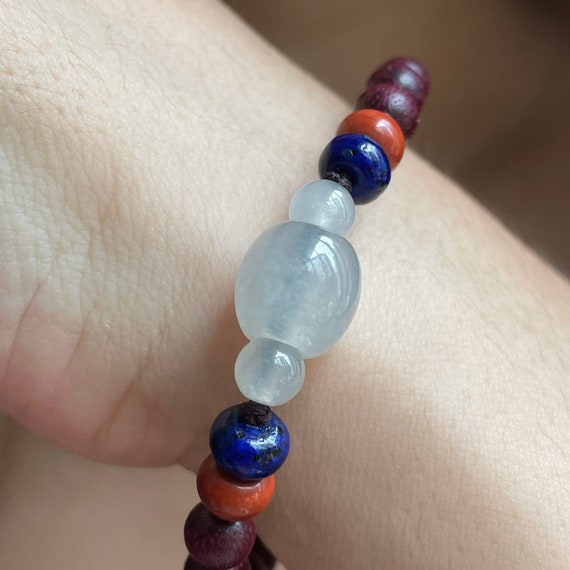 Jade bracelet Icy Jade Barrel & wooden bead adjustable bracelet - Natural Type A Burma Jadeite High Grade Icy Big Barrel bead Jade Bracelet