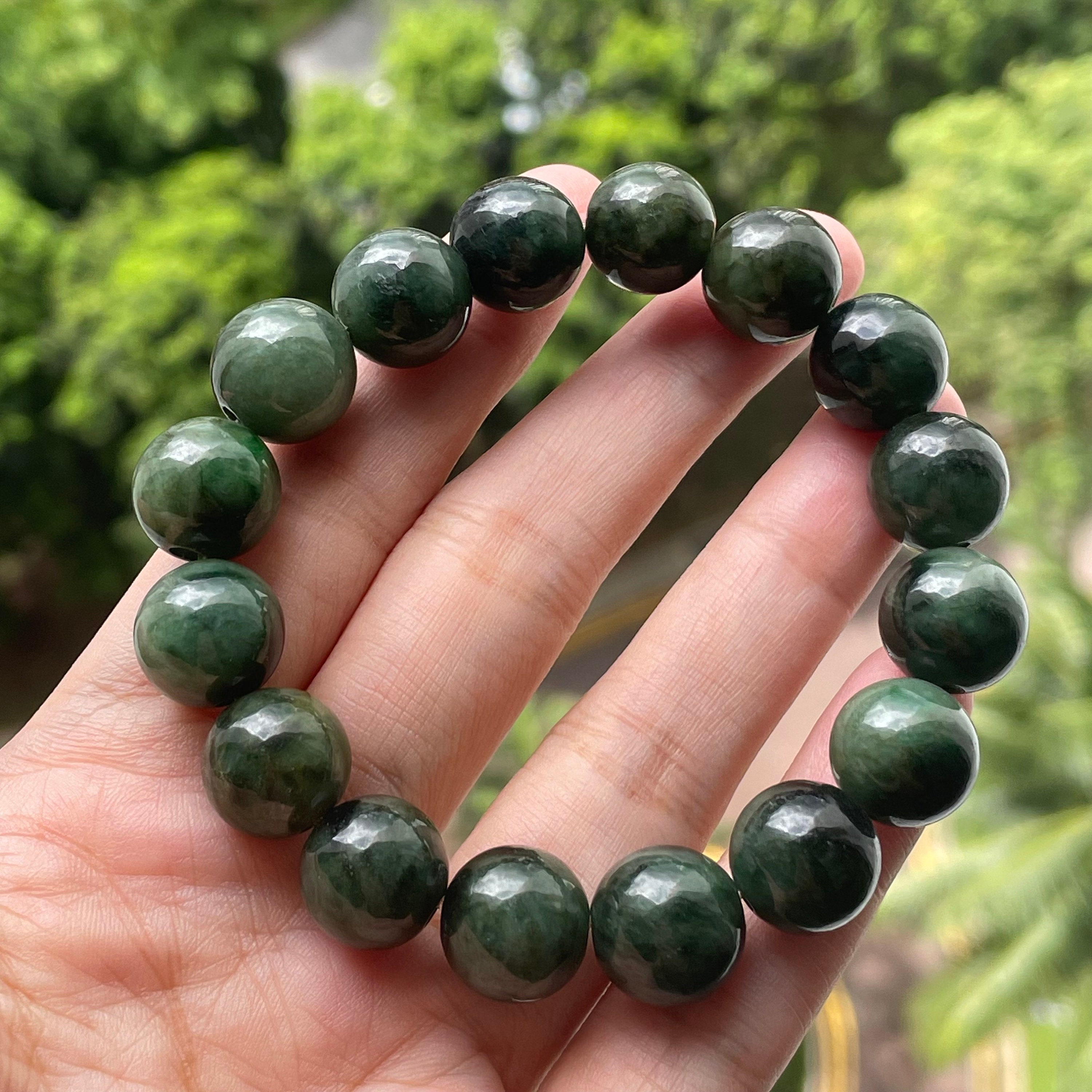 Rare Type A Burmese Apple Green Jade Jadeite Beads Bracelet - 76.87g 14.7mm/ bead 14 beads 17.5cm | Huangs Jadeite and Jewelry Pte Ltd