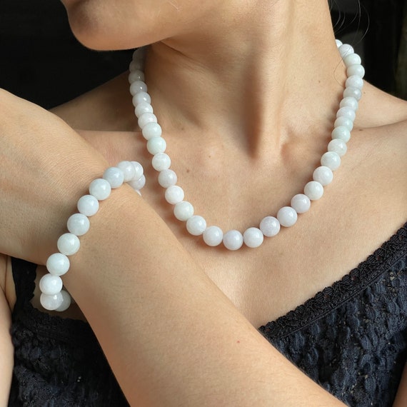 Mother's Day Gift Set White Jadeite Bead Necklace Bracelet Set - Genuine Authentic Natural Myanmar Jadeite Jade Grade A 10mm beads