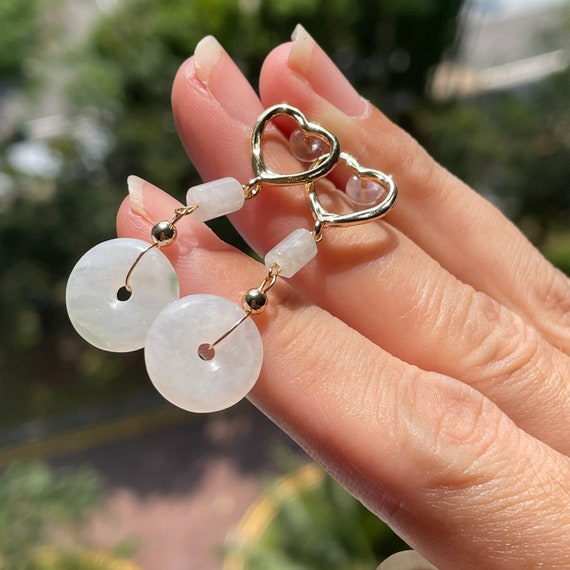 Natural Jadeite Earrings - Untreated Authentic Burmese White Jade safety Coins/Donuts Dangle stud earrings White Jade Earrings