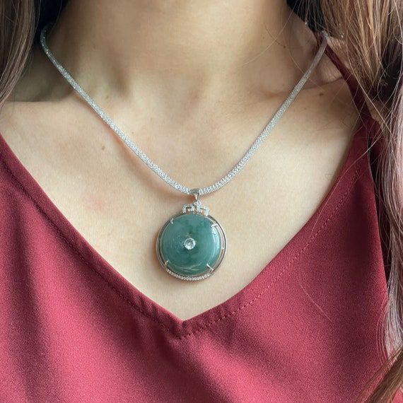Translucent Jadeite Pendant - Grade A Translucent Natural Burmese Jadeite dark green floating flakes Jade Donut Pendant