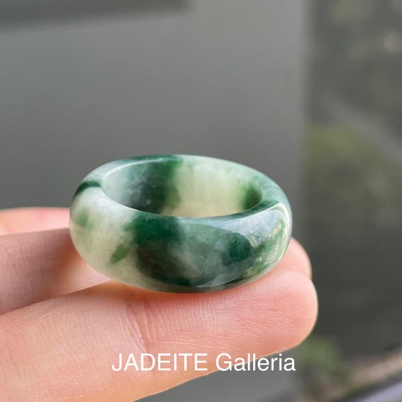 Jade Ring US 9.75 Natural jadeite jade grade A  translucent green, Burmese Jadeite Band Ring