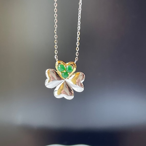 Natural Jade Pendant Necklace - Grade A Burmese Green Jadeite cabochons with 925 Silver Lucky Clover Adjustable Necklace