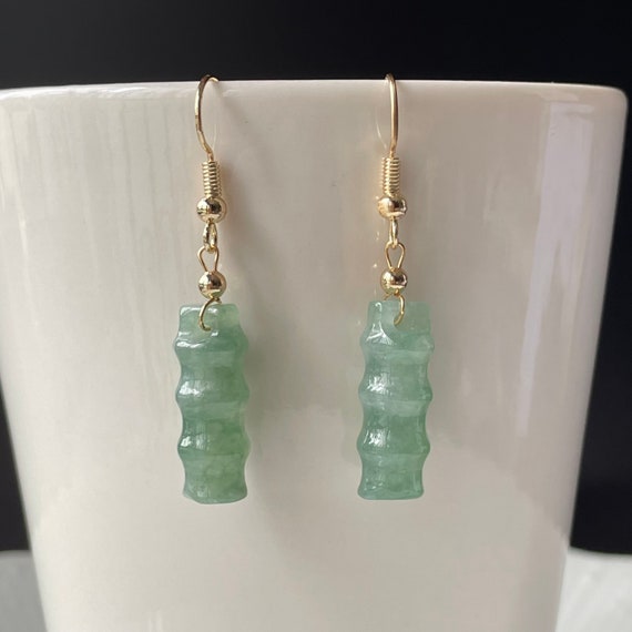 Translucent Green Natural Jade Earrings - Untreated Burmese jadeite Bamboo dangle hook earrings