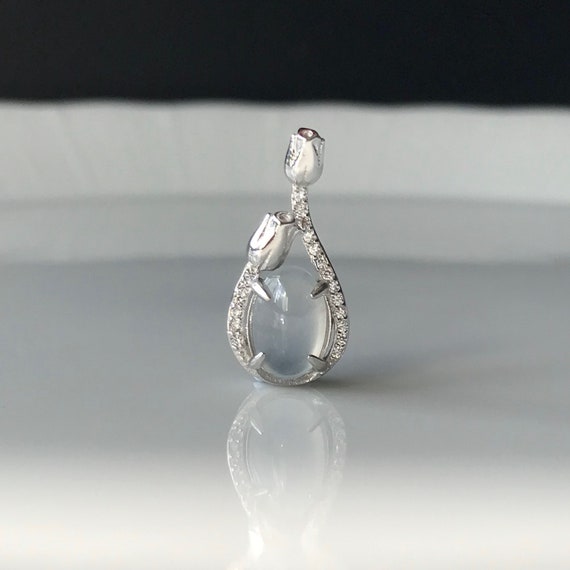 Natural Jade Pendant - Authentic Burmese Jade (Type A) with 925 silver and CZ diamonds Icy jadeite pendant Colorless Jade pendant
