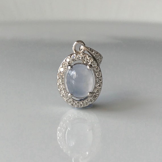 Icy Jadeite Pendant - Natural Jade Cabochon (Type A) with 925 silver and CZ diamonds Burmese Jade Pendant