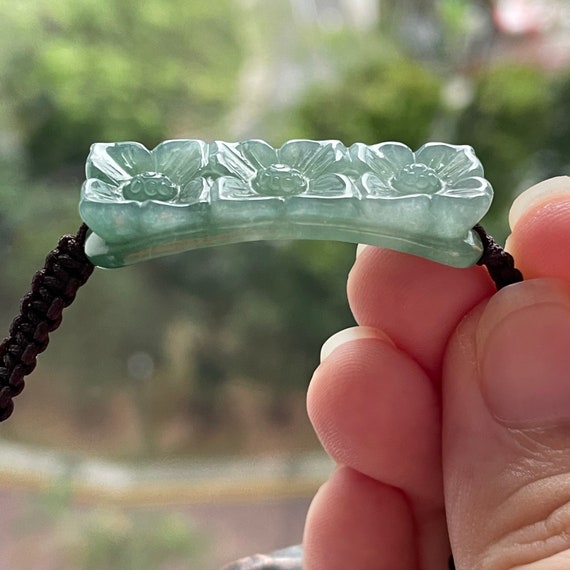 Translucent Beautiful Jadeite Floral Bar Hand knot Bracelet Authentic Natural Myanmar Translucent Green Jadeite Jade