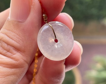Jade Disc Pendant Translucent White Genuine Burmese Grade A Jadeite with 18K gold clasp