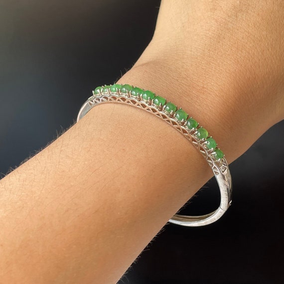 Jade Bangle Untreated Jadeite Cabochons Bangle  - Natural Type A Translucent Green Jadeite Cabochons with 925 Silver Hinged Bangle