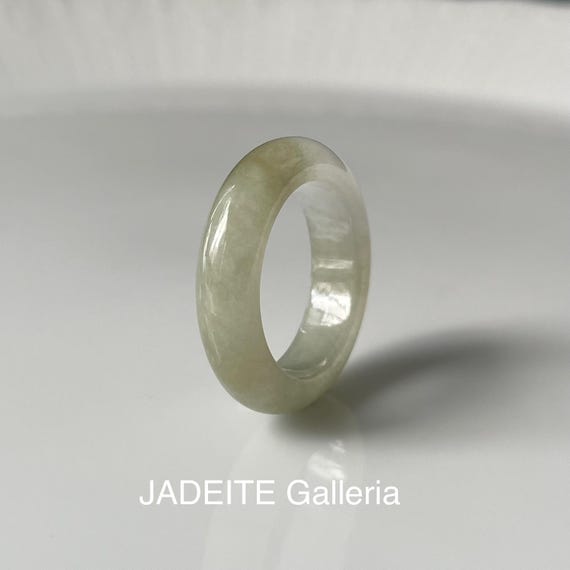 US6.75 Jade Ring Translucent Milky White Kaki- BURMESE Jadeite Natural Jade Type A band ring