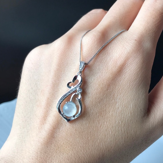 Burmese Jadeite Pendant - Glassy White Grade A Translucent Natural Burmese Jadeite Cabochon 925 Silver Icy jade pendant