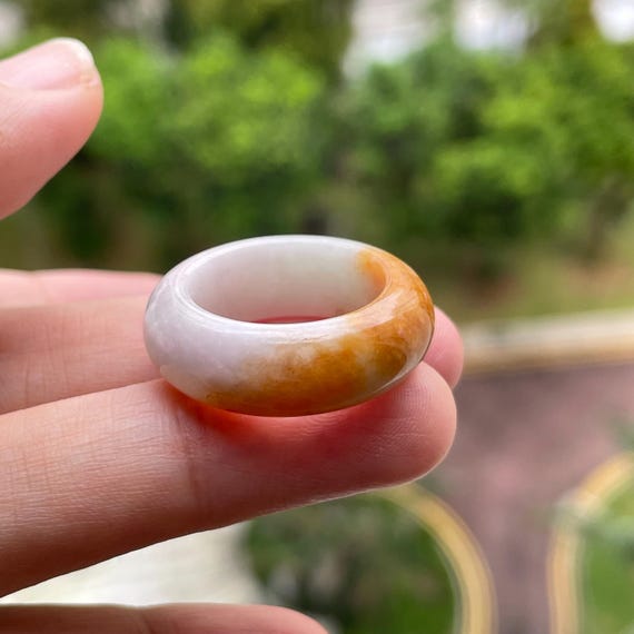US6.75 Myanmar Jadeite Ring Translucent White with Rare Orange Bicolor Natural Jade Type A band ring