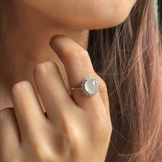 Icy Translucent Natural Fine textured  Jadeite Adjustable Silver Ring - Grade A Icy White Fine Jadeite Cabochon with 925 Silver and zircon