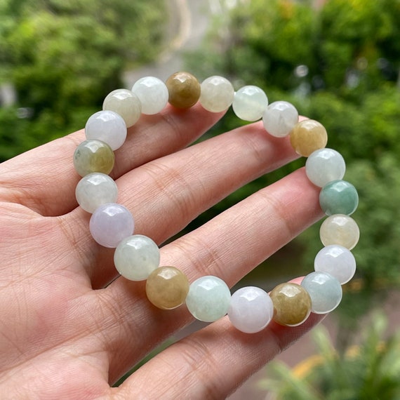 Jade Bead Bracelet - Myanmar Jadeite Authentic Multicolor Translucent Green, Brown and White Jade beads Bracelet Jadeite bracelet
