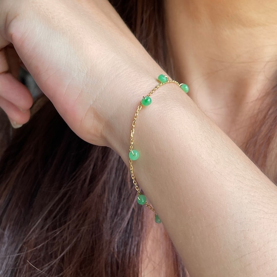 18K Solid Yellow Gold Chain Natural Green Jadeite Mini Donuts Bracelet - Myanmar (Burma) Authentic Jadeite Jewelry