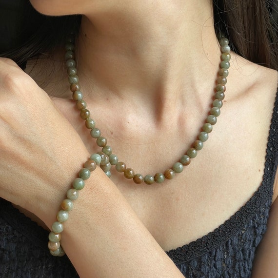 Mother's Days Jade Necklace Bracelet Set Unique Natural Color - Genuine Authentic Natural Myanmar Jadeite Grade A 8mm Jadeite Bead Necklace