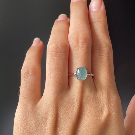 Jade Ring 18K Solid Gold Ring - High Translucent Burmese Fine Jadeite Type A Sea Blue with Floating Flakes Solidarity Ring