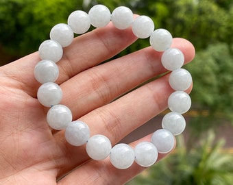 White Jade bracelet - Authentic Natural Burmese Jadeite Jade Type A Translucent White 10mm bead Unisex Jade Bracelet