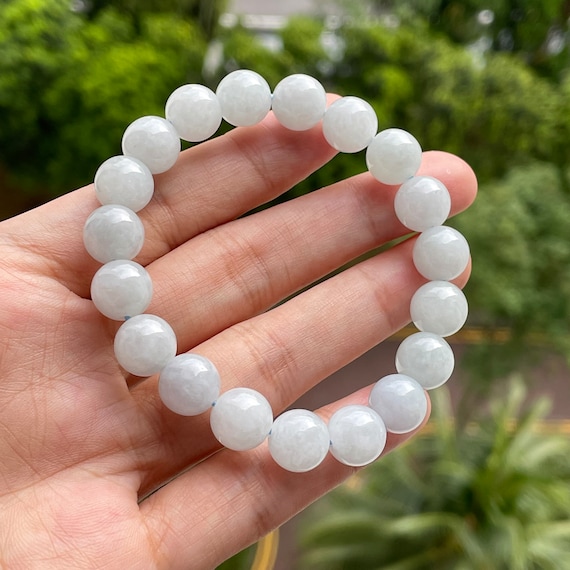 White Jade bracelet - Authentic Natural Burmese Jadeite Jade Type A Translucent White 10mm bead Unisex Jade Bracelet