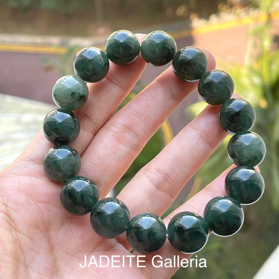 Jade bead 13mm+ bracelet for Men - Natural Type A Burma Jadeite Handsome Dark Green Jade Bead Bracelet