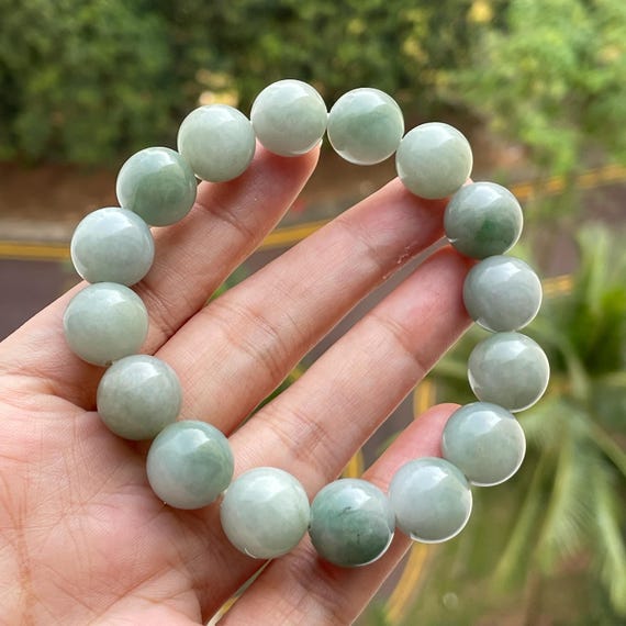 Green Jade bead bracelet 13mm - Natural Type A Genuine Burmese Jadeite 13mm Bead Bracelet Jade Bracelet 18cm inner circumference
