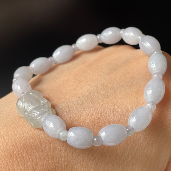 Natural Jadeite Drum Bead with Pixu Bracelet - Untreated Authentic Myanmar Jadeite Translucent Yam color Type A Jade Bracelet