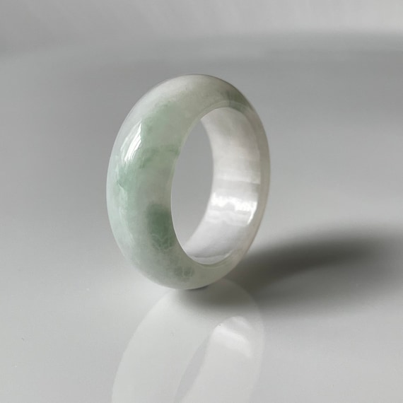 US4.25  Unisex Jade Band Ring - Natural Burmese Jadeite Type A Translucent White with Floated Green Flakes