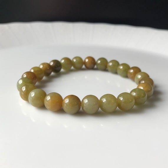 Jade bead bracelet 7.5mm- 100% Natural Type A Burma Jadeite Translucent Brownish Kiwi Skin