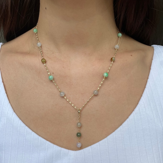 5-6mm Jade Bead Necklace - Natural Type A Burma Jadeite White and multicolor beads with 14K gold plated adjustable chain
