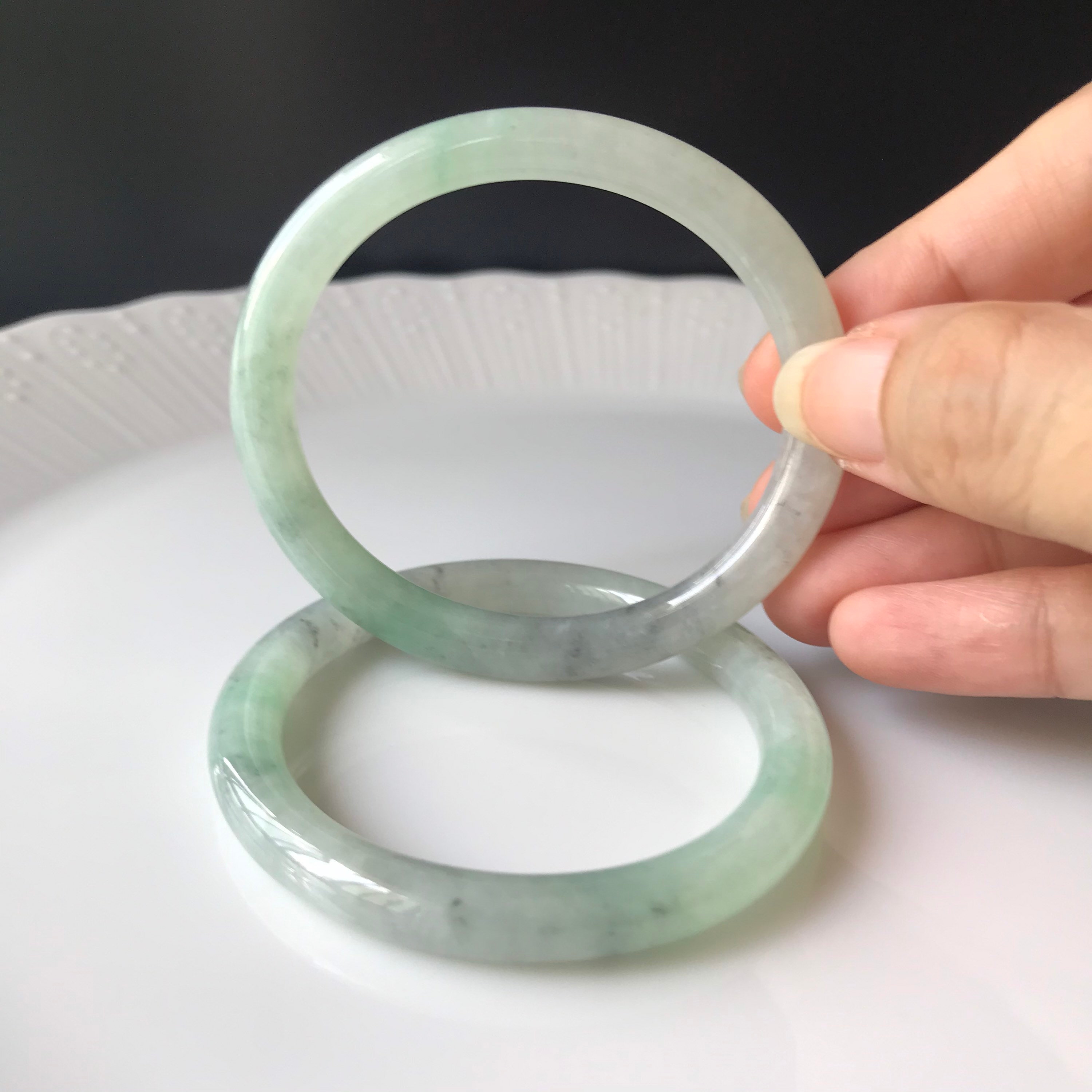 52mm Oval Jade Bangle - Translucent Green With Natural Ash 52mm Oval Jade Bangle - Translucent Green With Natural Ash