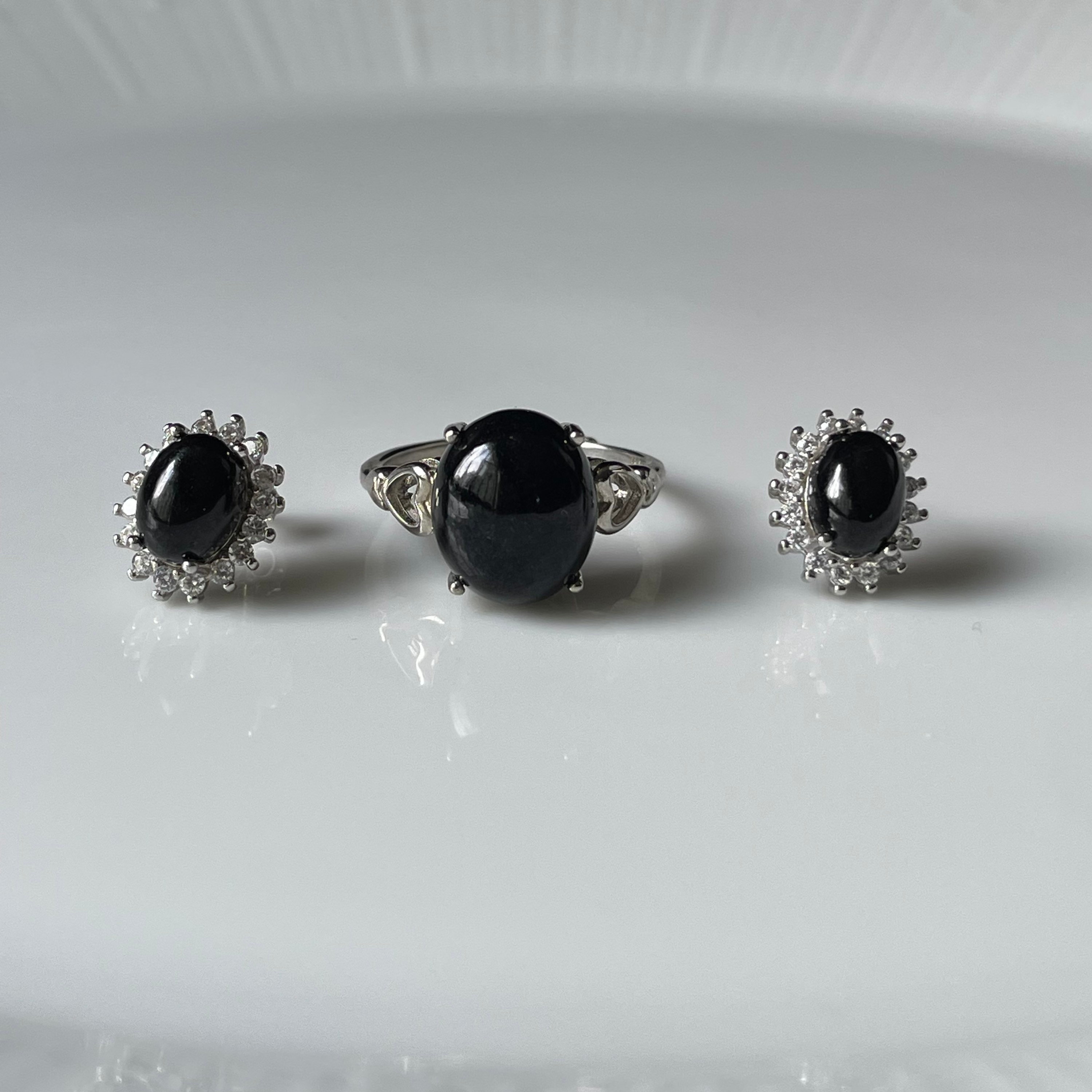 Black Jade Ring & Earring Sets Natural Jadeite Silver Ring Black Jade Ring & Earring Sets Natural Jadeite Silver Ring