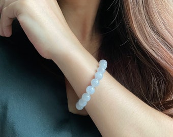 9.8mm Natural Translucent Natural Jade bead bracelet - Authentic Burmese Jadeite Jade Type A Translucent Smokey White