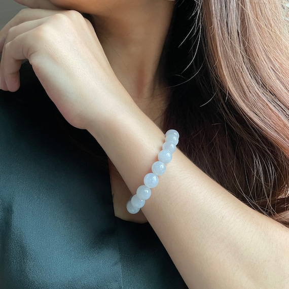 9.8mm Natural Translucent Natural Jade bead bracelet - Authentic Burmese Jadeite Jade Type A Translucent Smokey White